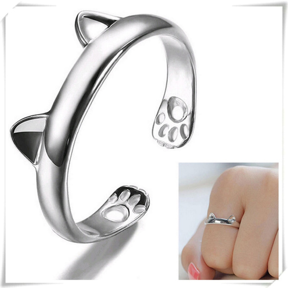 Jewelry - Silver open adjustable ring with cat ears motif